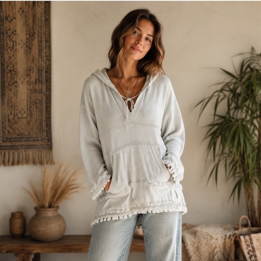 Tory Burch Ivory Fringe Knit Boho Sweater Hoodie Large